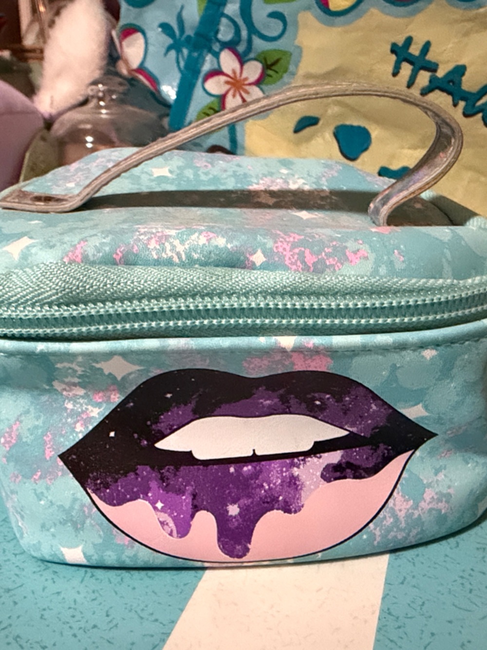 Aqua Cosmetic Case with Purple Lip Graphic